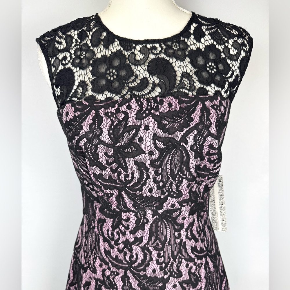 NWT Kay Unger Cocktail Dress Fit & Flare Sleeveless Pink Black Lace Size 6 Party - Picture 2 of 12